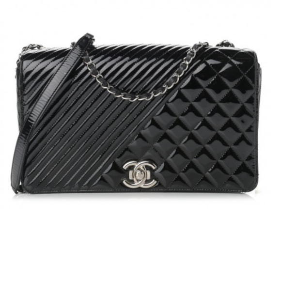 Chanel Diagonal Patent Quilted Flap Black